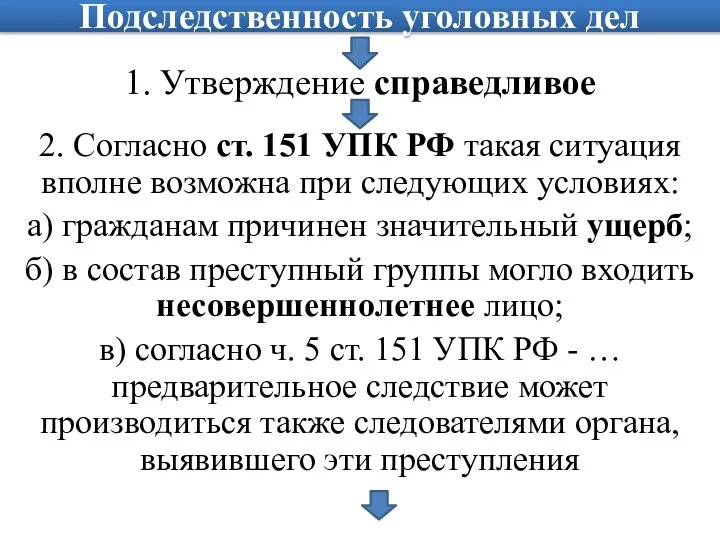 Подследственность уголовных дел 1. Утверждение справедливое 2. Согласно ст. 151 УПК