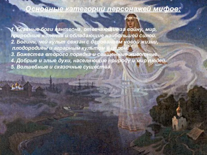 Основные категории персонажей мифов: 1. Главные боги пантеона, отвечающие за войну,