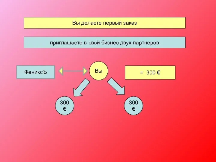 Вы делаете первый заказ приглашаете в свой бизнес двух партнеров 300