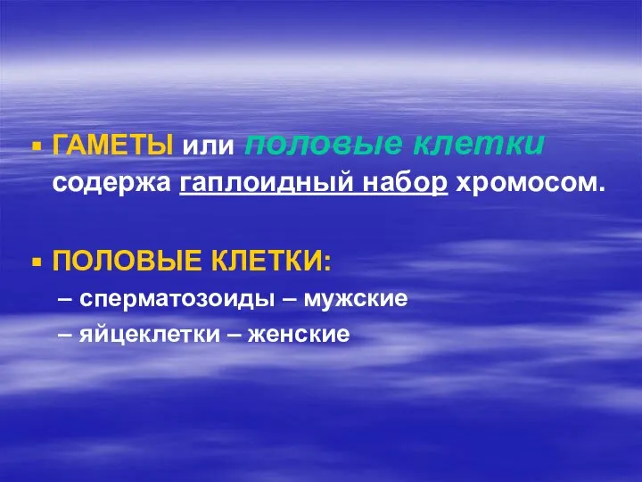 ГАМЕТЫ или половые клетки содержа гаплоидный набор хромосом. ПОЛОВЫЕ КЛЕТКИ: сперматозоиды – мужские яйцеклетки – женские