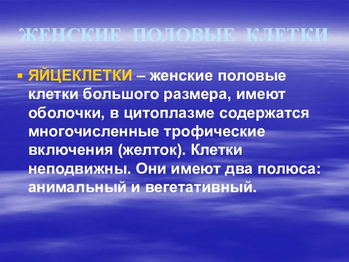 ЖЕНСКИЕ ПОЛОВЫЕ КЛЕТКИ ЯЙЦЕКЛЕТКИ – женские половые клетки большого размера, имеют