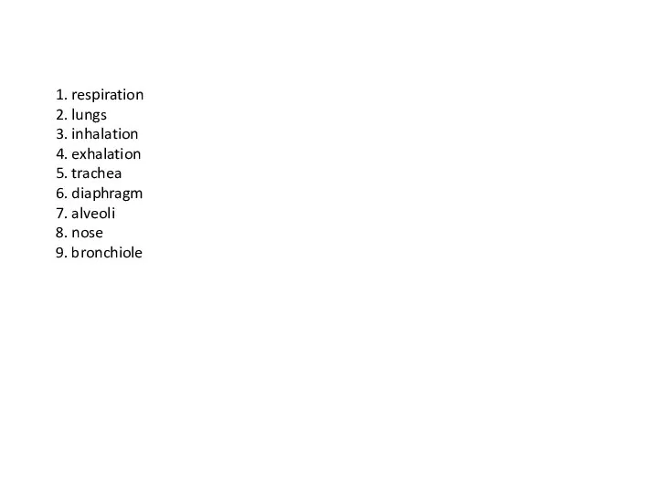 1. respiration 2. lungs 3. inhalation 4. exhalation 5. trachea 6.