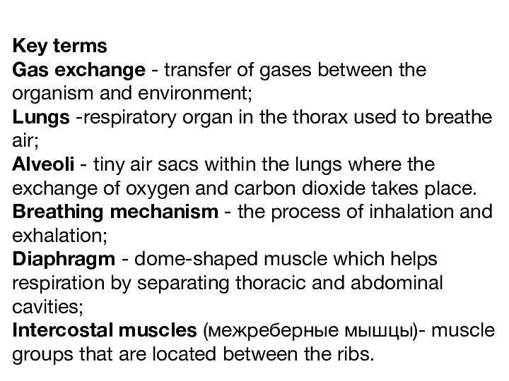 Key terms Gas exchange - transfer of gases between the organism