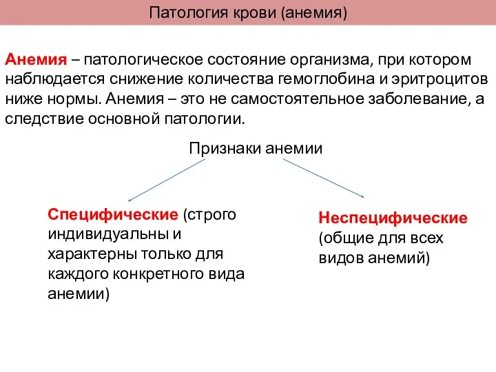 Патология крови (анемия) Анемия – патологическое состояние организма, при котором наблюдается