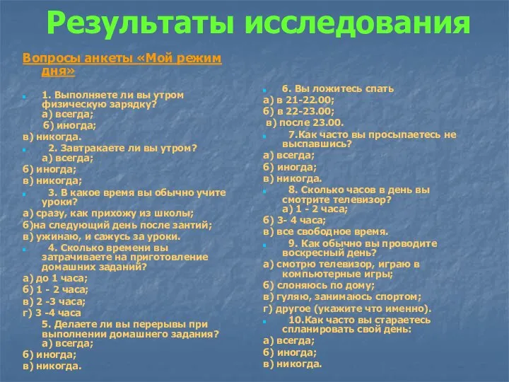 Результаты исследования Вопросы анкеты «Мой режим дня» 1. Выполняете ли вы