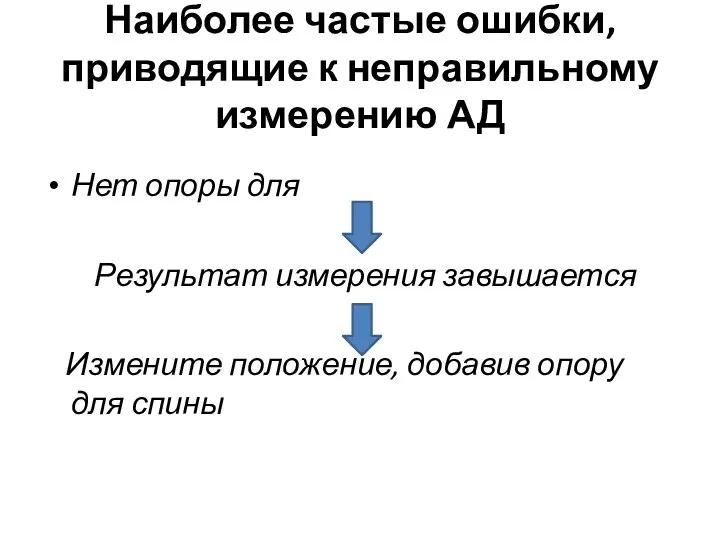 Наиболее частые ошибки, приводящие к неправильному измерению АД Нет опоры для