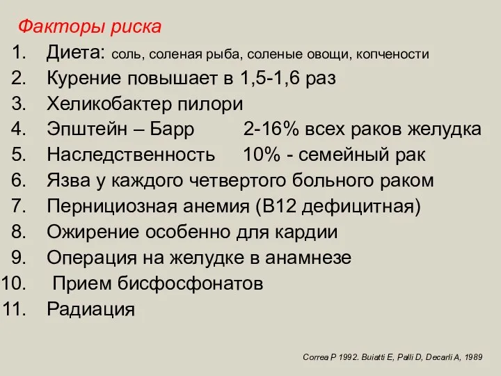 Факторы риска Диета: соль, соленая рыба, соленые овощи, копчености Курение повышает