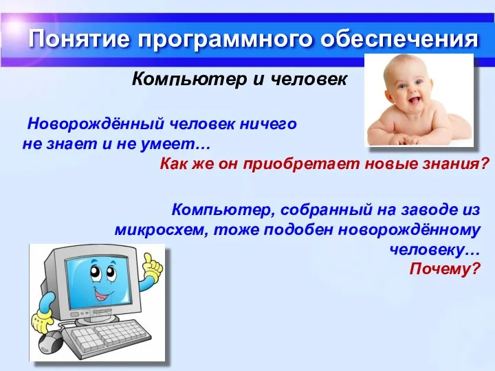 Понятие программного обеспечения Компьютер и человек Новорождённый человек ничего не знает