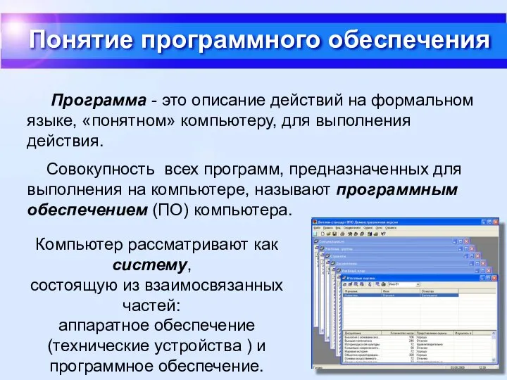 Понятие программного обеспечения Программа - это описание действий на формальном языке,