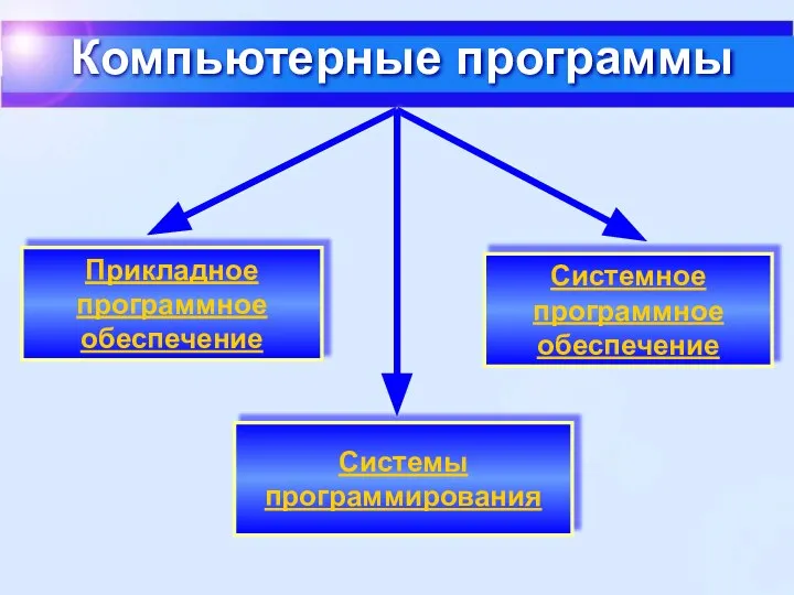 Прикладное программное обеспечение Системное программное обеспечение Системы программирования Компьютерные программы