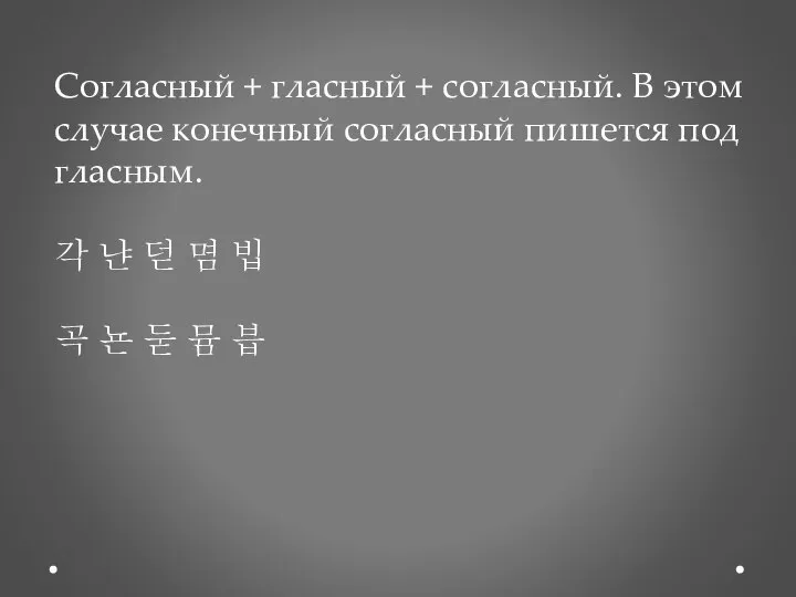 Согласный + гласный + согласный. В этом случае конечный согласный пишется