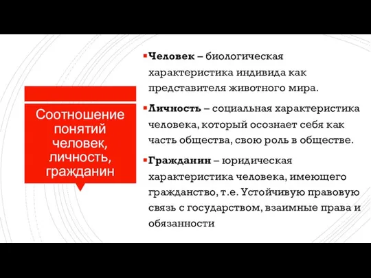 Соотношение понятий человек, личность, гражданин Человек – биологическая характеристика индивида как