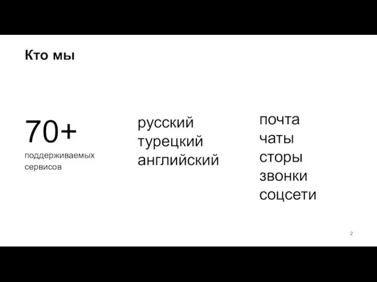 Кто мы поддерживаемых cервисов 70+ русский турецкий английский почта чаты cторы звонки cоцсети