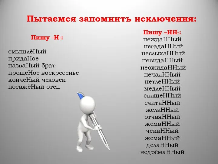 Пытаемся запомнить исключения: Пишу -Н-: смышлёНый придаНое назваНый брат прощёНое воскресенье