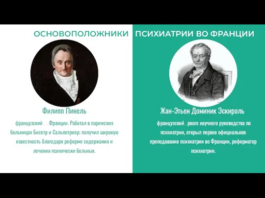 ОСНОВОПОЛОЖНИКИ ПСИХИАТРИИ ВО ФРАНЦИИ Филипп Пинель Жан-Этьен Доминик Эскироль французский врач,