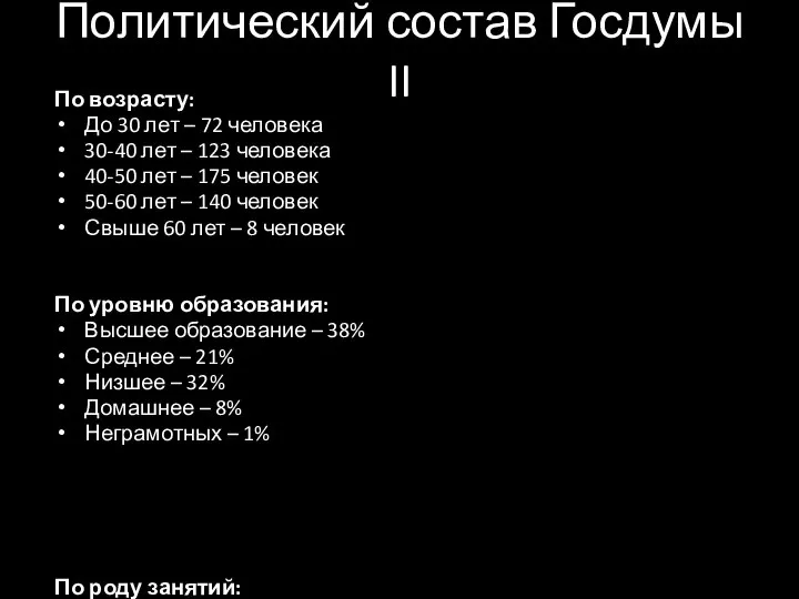 Политический состав Госдумы II По возрасту: До 30 лет – 72