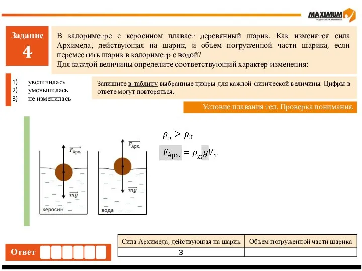 Задание 4 В калориметре с керосином плавает деревянный шарик. Как изменятся