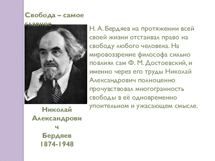 Николай Александрович Бердяев 1874-1948 Свобода – самое главное Н. А. Бердяев