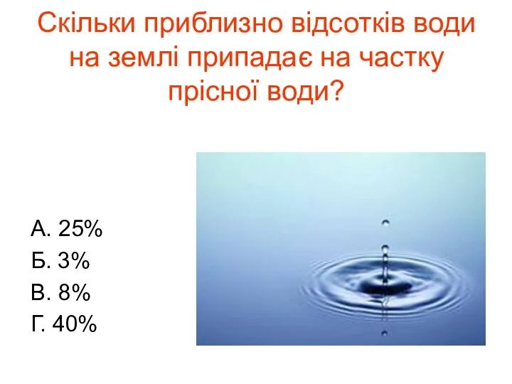 Скільки приблизно відсотків води на землі припадає на частку прісної води?