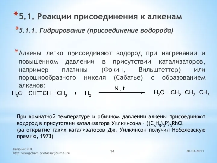 20.03.2011 Нижник Я.П. http://norgchem.professorjournal.ru 5.1. Реакции присоединения к алкенам 5.1.1. Гидрирование