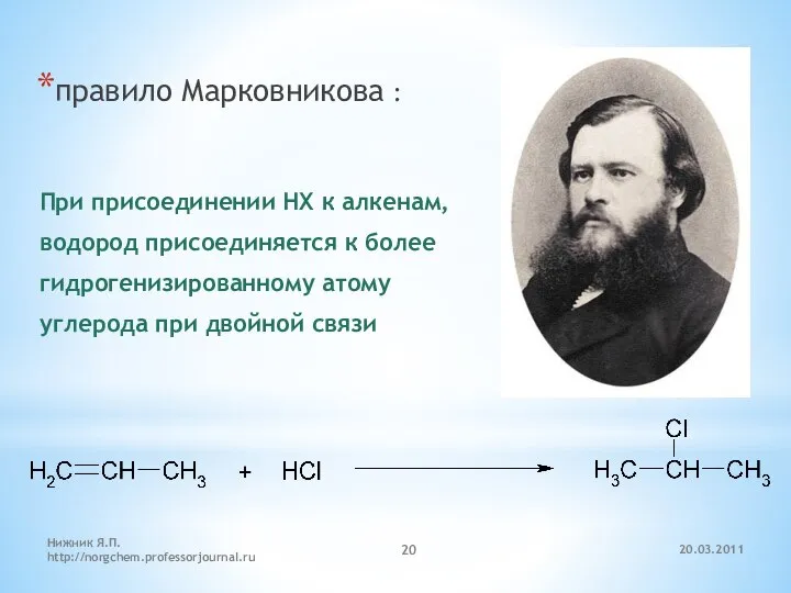 20.03.2011 Нижник Я.П. http://norgchem.professorjournal.ru правило Марковникова : При присоединении НХ к