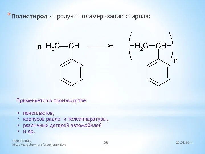 20.03.2011 Нижник Я.П. http://norgchem.professorjournal.ru Полистирол – продукт полимеризации стирола: Применяется в