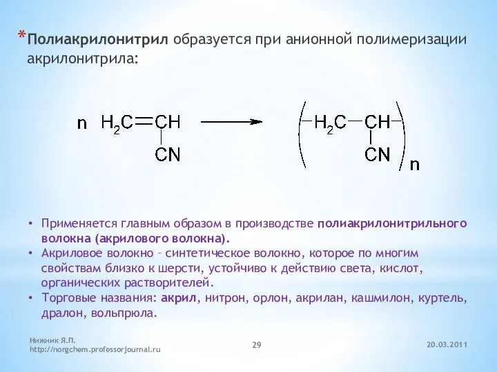 20.03.2011 Нижник Я.П. http://norgchem.professorjournal.ru Полиакрилонитрил образуется при анионной полимеризации акрилонитрила: Применяется