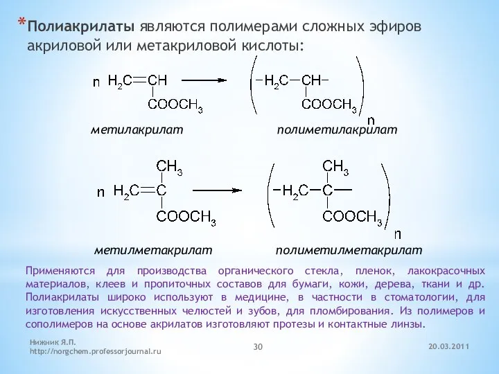 20.03.2011 Нижник Я.П. http://norgchem.professorjournal.ru Полиакрилаты являются полимерами сложных эфиров акриловой или