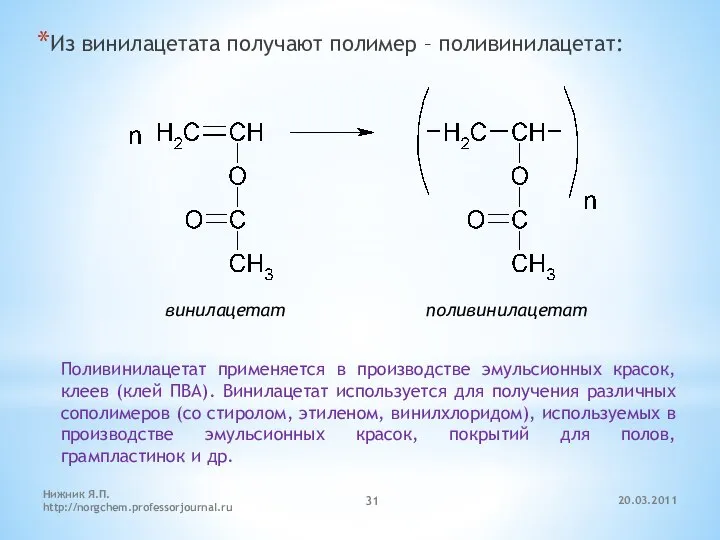 20.03.2011 Нижник Я.П. http://norgchem.professorjournal.ru Из винилацетата получают полимер – поливинилацетат: винилацетат