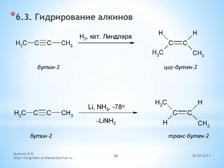 20.03.2011 Нижник Я.П. http://norgchem.professorjournal.ru 6.3. Гидрирование алкинов бутин-2 цис-бутен-2 бутин-2 транс-бутен-2