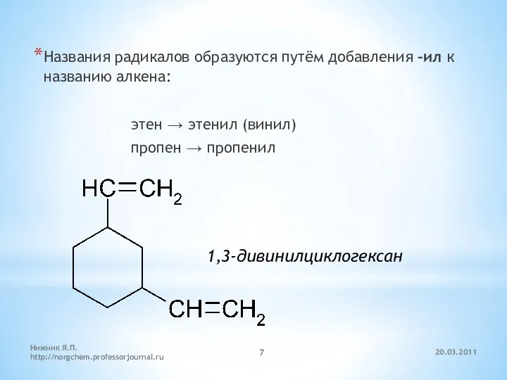 20.03.2011 Нижник Я.П. http://norgchem.professorjournal.ru Названия радикалов образуются путём добавления –ил к