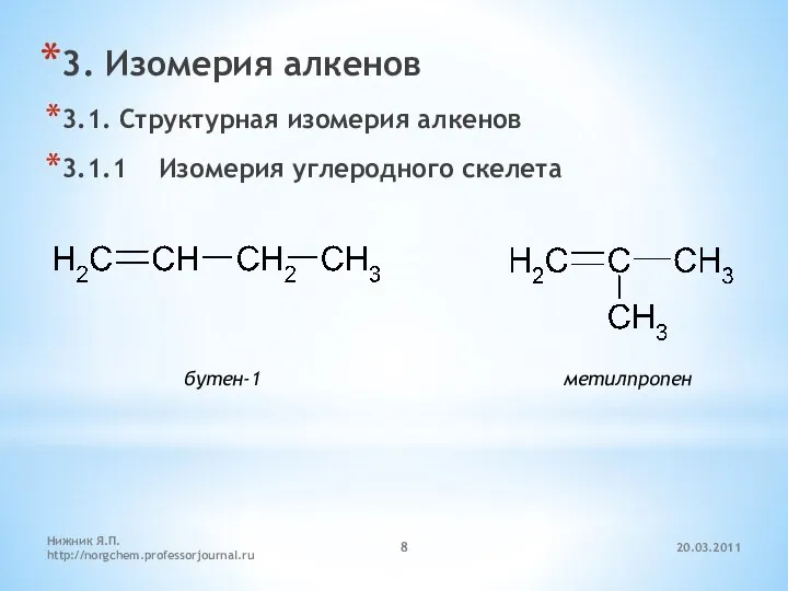 20.03.2011 Нижник Я.П. http://norgchem.professorjournal.ru 3. Изомерия алкенов 3.1. Структурная изомерия алкенов