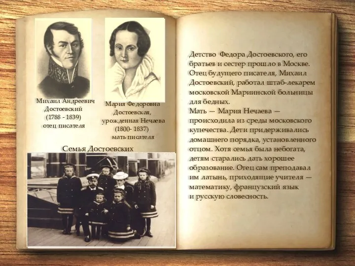 Михаил Андреевич Достоевский (1788 - 1839) отец писателя Детство Федора Достоевского,