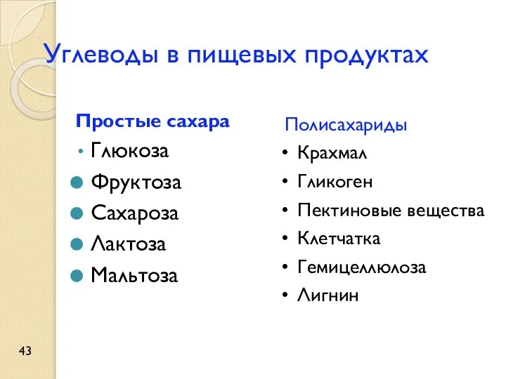 Углеводы в пищевых продуктах Простые сахара Глюкоза Фруктоза Сахароза Лактоза Мальтоза