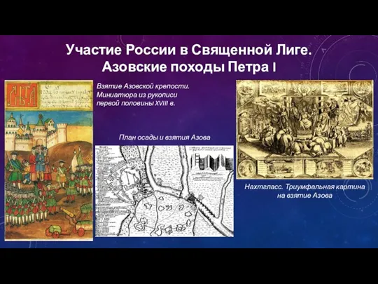 Участие России в Священной Лиге. Азовские походы Петра I Нахтгласс. Триумфальная