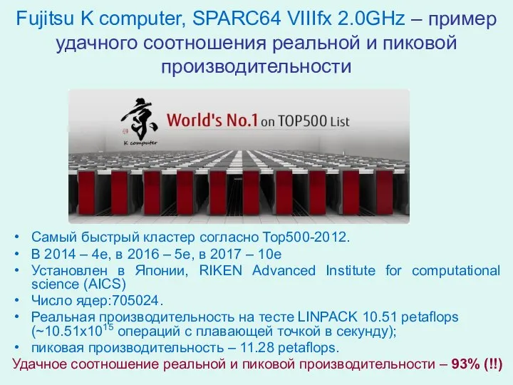 Fujitsu K computer, SPARC64 VIIIfx 2.0GHz – пример удачного соотношения реальной