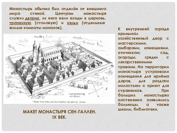 МАКЕТ МОНАСТЫРЯ СЕН-ГАЛЛЕН. IX ВЕК. К внутренней ограде примыкал хозяйственный двор