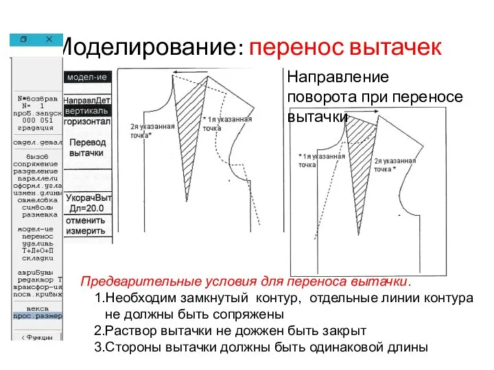 Моделирование: перенос вытачек Направление поворота при переносе вытачки Предварительные условия для