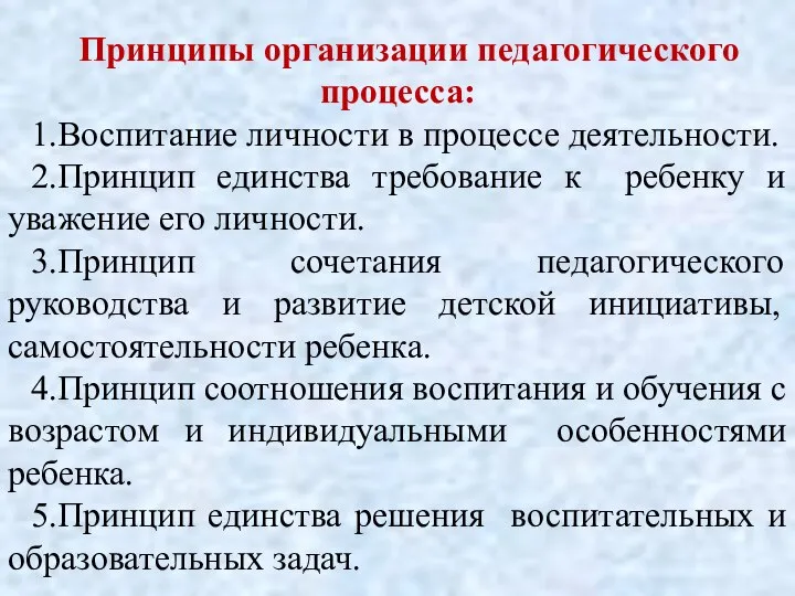 Принципы организации педагогического процесса: 1.Воспитание личности в процессе деятельности. 2.Принцип единства