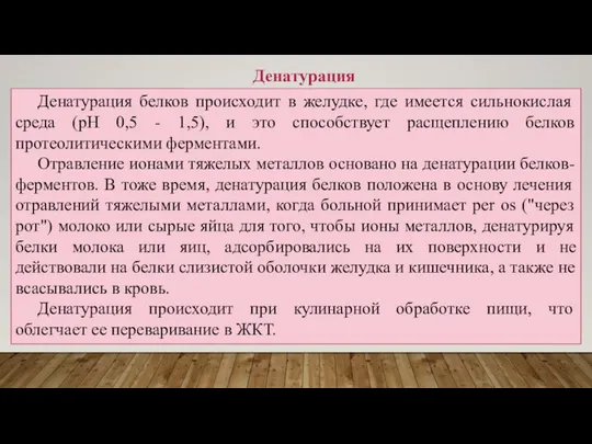 Денатурация белков происходит в желудке, где имеется сильнокислая среда (рН 0,5