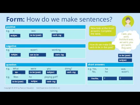 Form: How do we make sentences? subject ? to be (past)