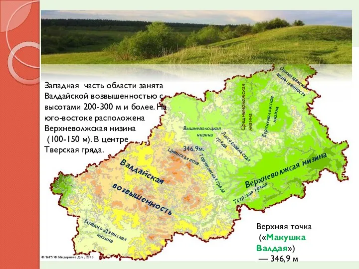 Среднемоложская низина Западная часть области занята Валдайской возвышенностью с высотами 200-300