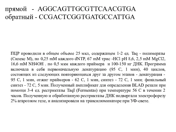 прямой - AGGCAGTTGCGTTCAACGTGA обратный - CCGACTCGGTGATGCCATTGA ПЦР проводили в общем объеме