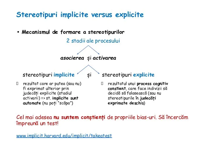 Stereotipuri implicite versus explicite Mecanismul de formare a stereotipurilor 2 stadii