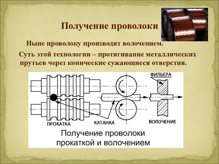 Получение проволоки Ныне проволоку производят волочением. Суть этой технологии – протягивание