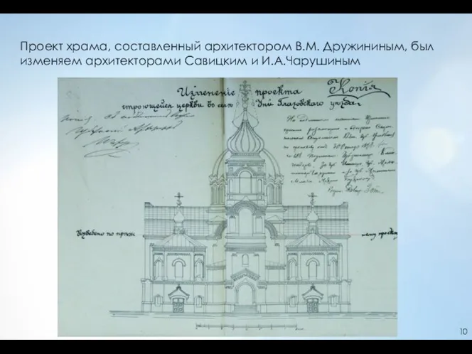 Проект храма, составленный архитектором В.М. Дружининым, был изменяем архитекторами Савицким и И.А.Чарушиным