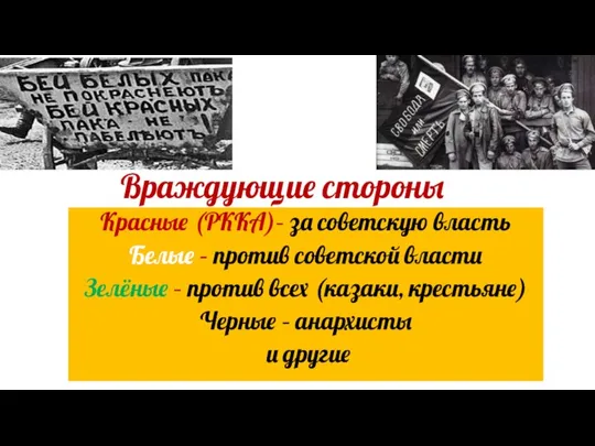 Враждующие стороны Красные (РККА)– за советскую власть Белые – против советской