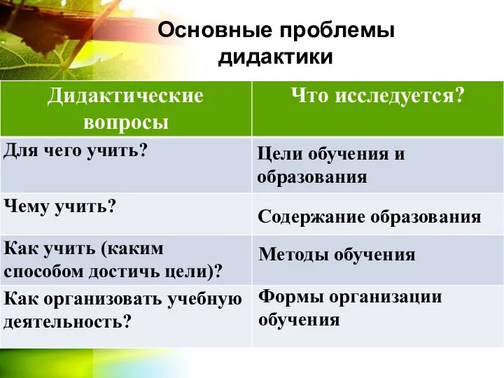 Основные проблемы дидактики Цели обучения и образования Содержание образования Методы обучения Формы организации обучения