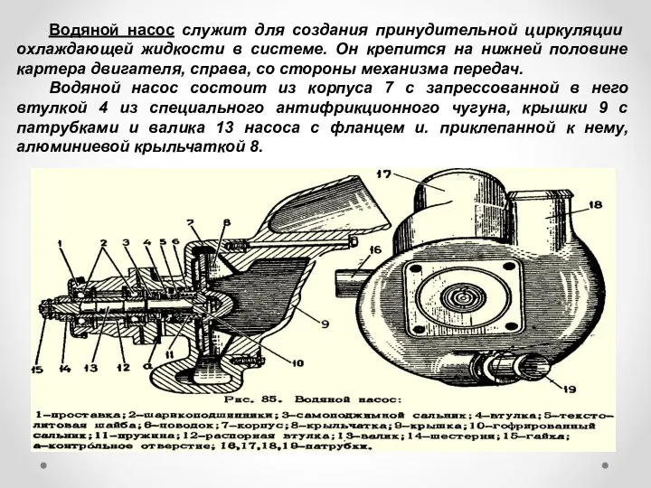 Водяной насос служит для создания принудитель­ной циркуляции охлаждающей жидкости в системе.