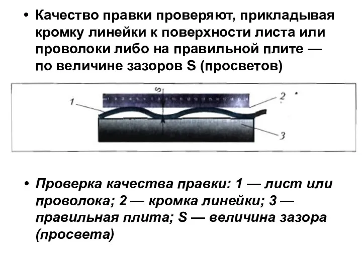 Качество правки проверяют, прикладывая кромку линейки к поверхности листа или проволоки